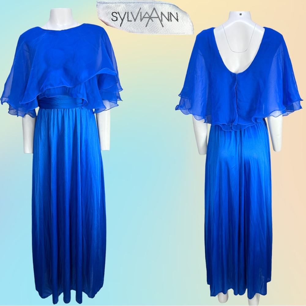 VTG 70's/80's Royal Blue Sylvia Ann Cape Maxi Dress With Union Tags